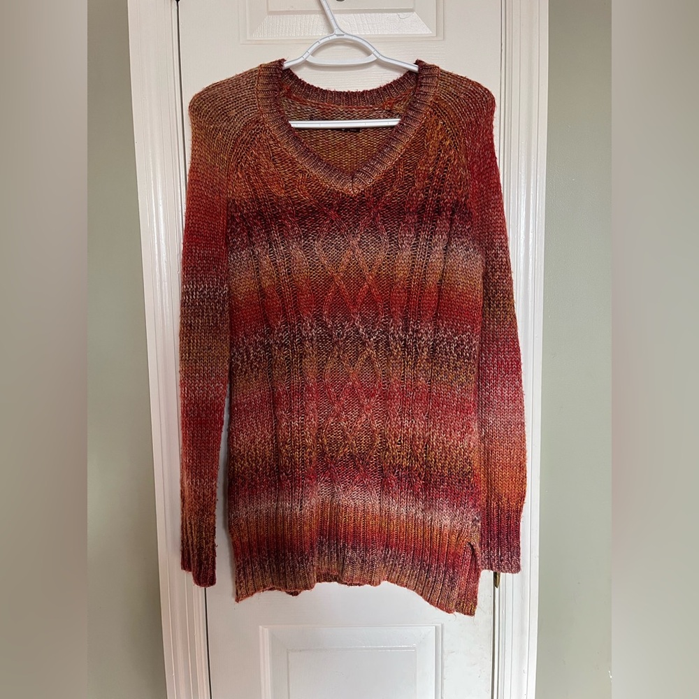 prAna Sweater Red Orange Stripe Leisel Side Slit Autumn Boyfriend S b3